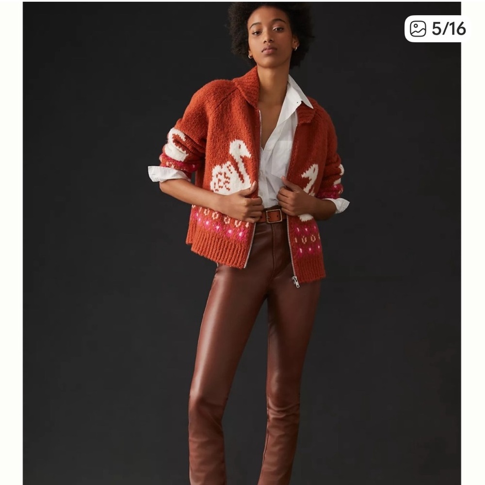 Anthropologie Maeve Rust Orange Swan Open Knit Wool Blend Zip Up Sweater, XS - Picture 7 of 14